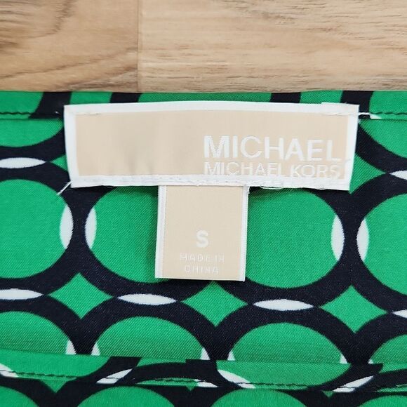 💜Michael Kors Green Circular Geo Print Adjustable Long Sleeve Blouse Small - Picture 10 of 12